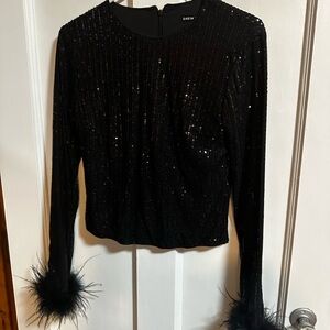 SHEIN Black Sequin Top with Feather Cuffs